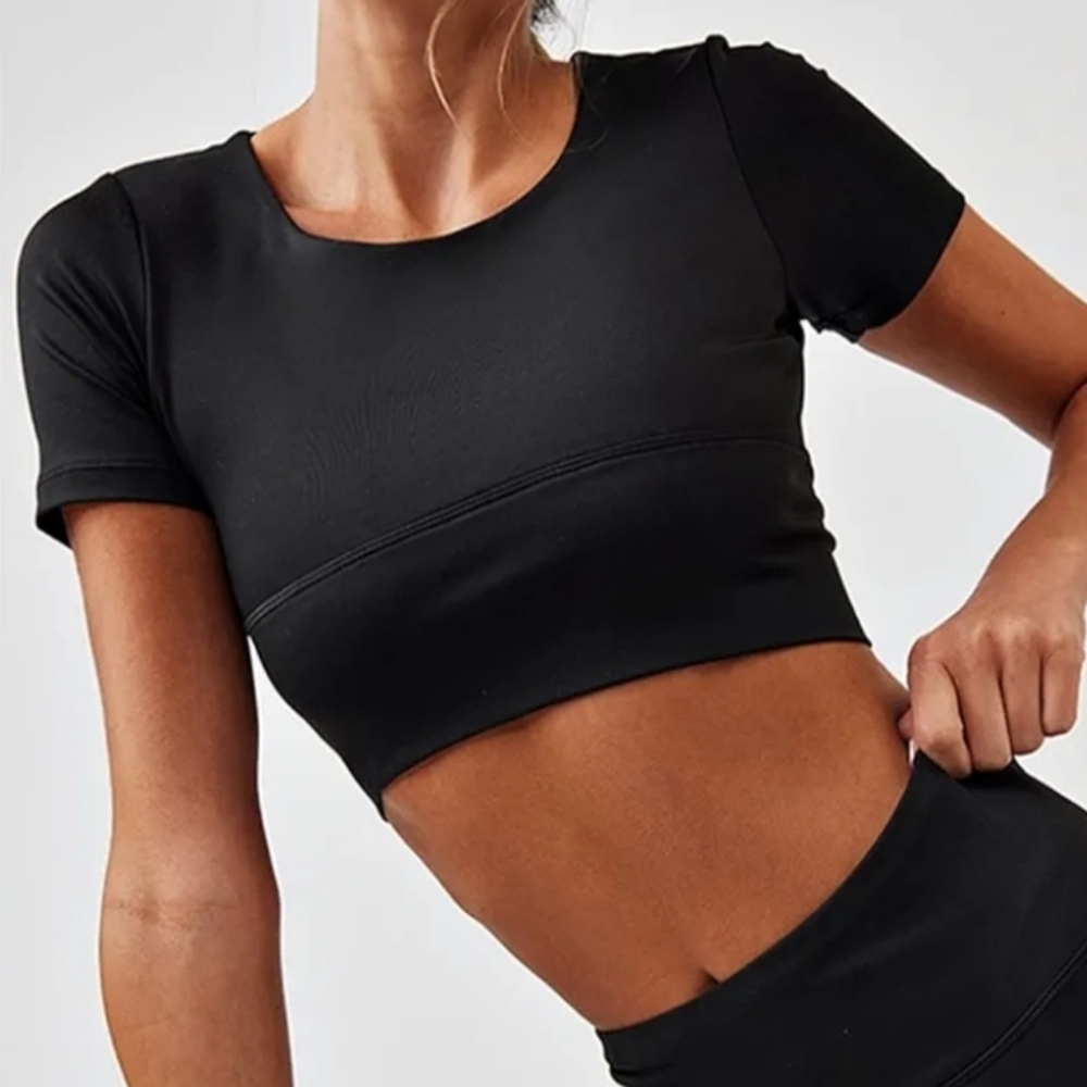 No Brand Strappy Back Sports Bra Short Sleeve Crop Top Black Womens Large Active